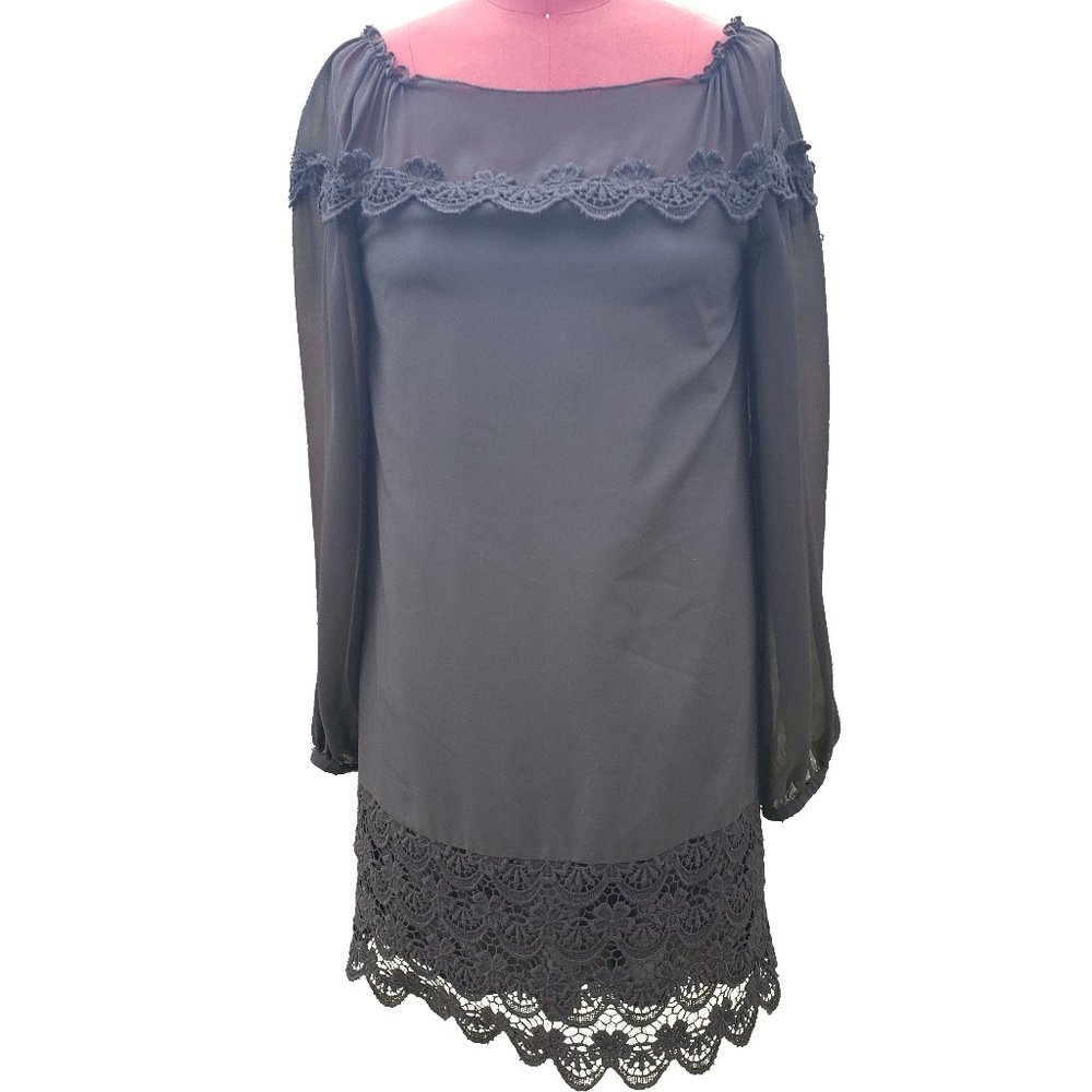 Philosophy di Alberta Ferretti Mini Shift Dress 2 Black Long Sleeve Lace Trim
